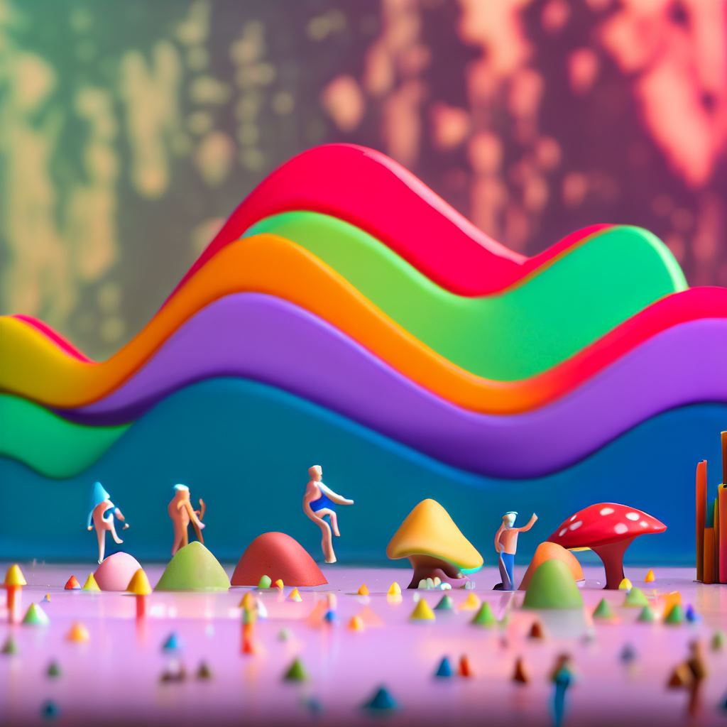 Create an imaginative scene featuring a colorful normal distribution table that is alive and exploring a fantastical world.