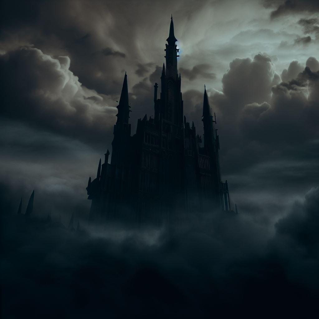 Imagine a dark, gothic castle, towering among the clouds, where vampires and dragons reside.. Image 4 of 4