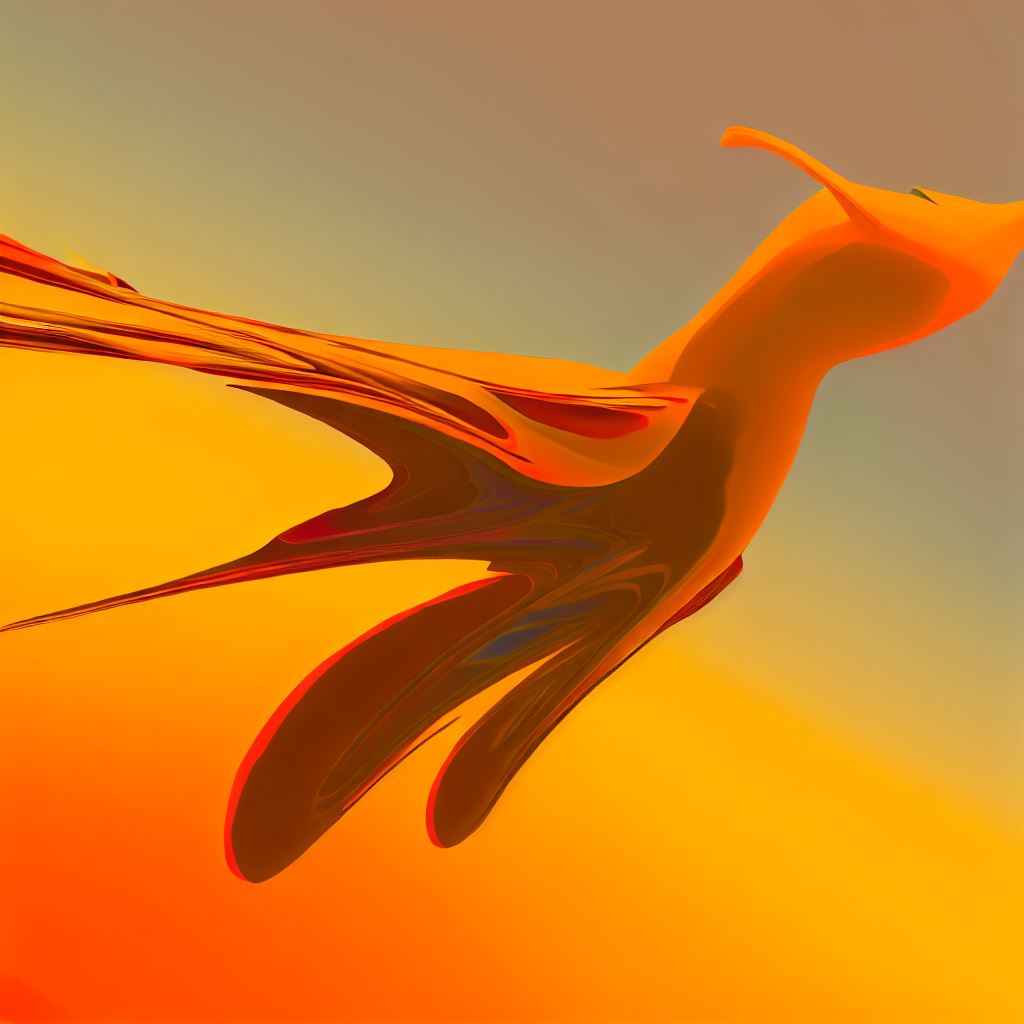 Make an image of a surreal and whimsical orange bird, soaring through a bright orange sky."Check a different notebook. Image 4 of 4