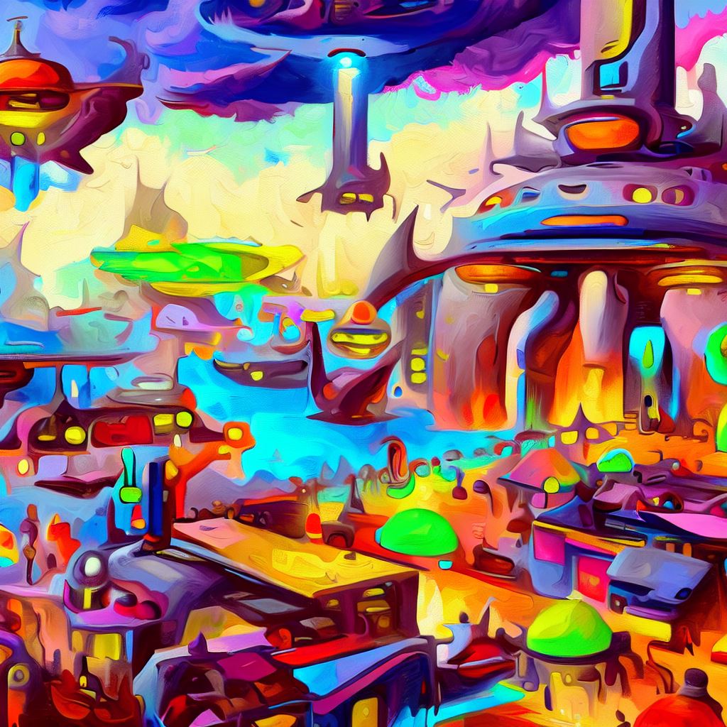 Paint a colorful and vibrant image of a busy Martian port city, with spaceships, robots, and aliens trading goods and ideas.. Íomhá 4 de 4