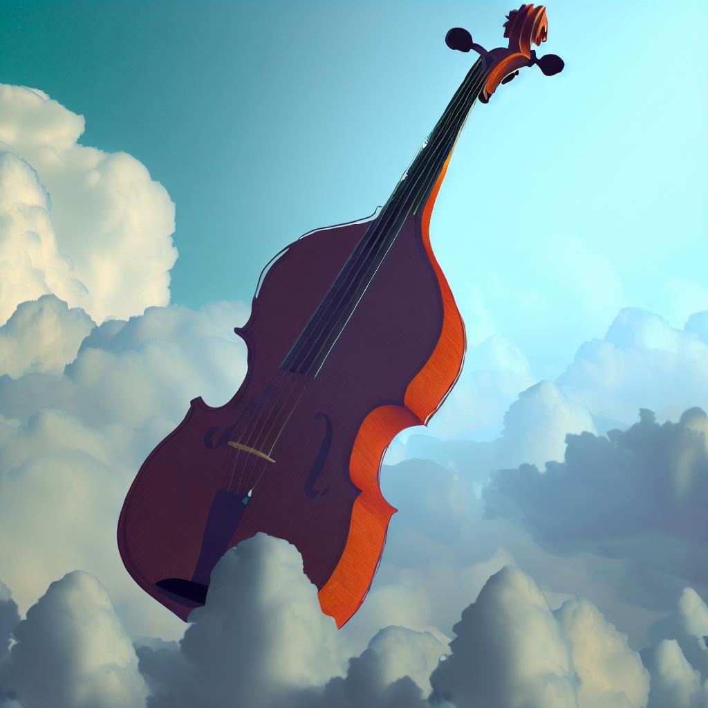 Imagine a giant cello floating in the sky among clouds.
