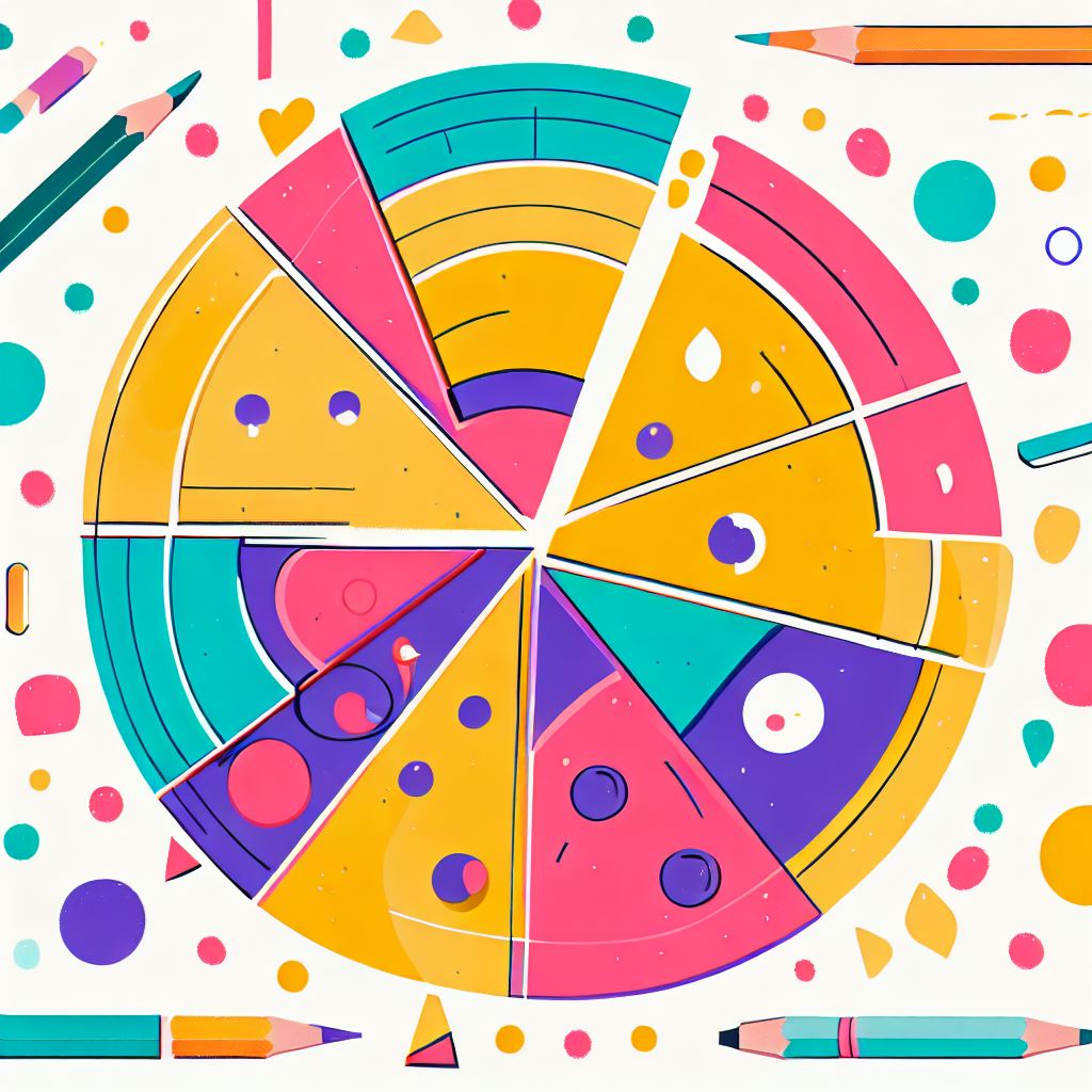 Draw a colorful, imaginative fraction chart that showcases the different parts of a whole.