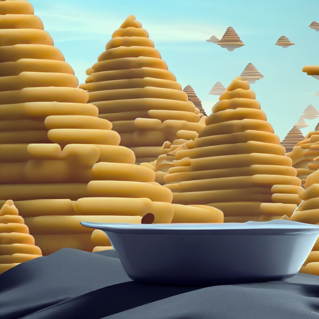 Design a surreal landscape in which towering mountains are made of casserole dishes filled with mac and cheese.. Afbeelding 3 van 4