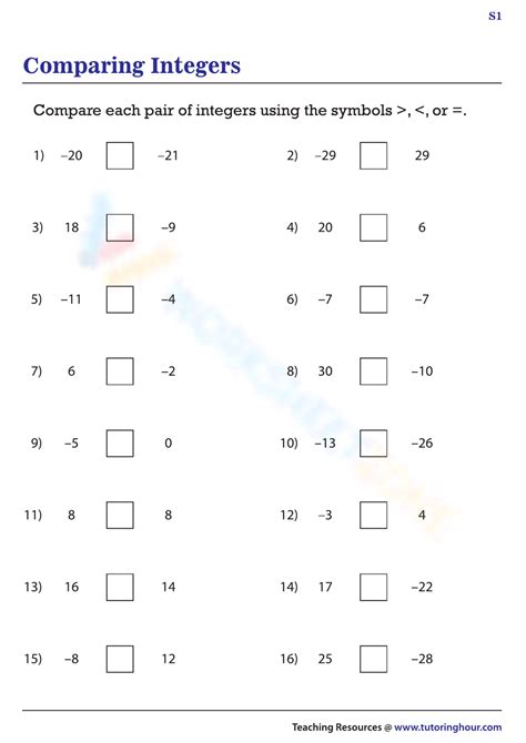 Image result for Comparing Integers Answersheet