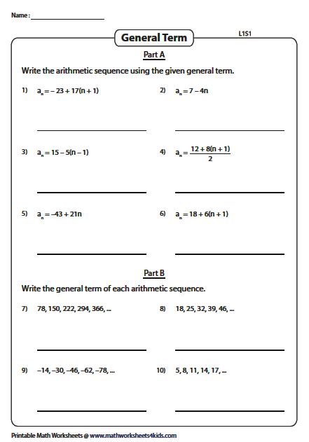 Toradh íomhá ar arithmetic sequence worksheets