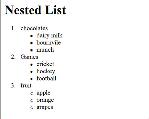 Toradh íomhá ar HTML Nested List Exrcises