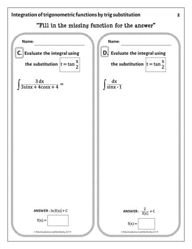Image result for Integration with Trig Functions Worksheet