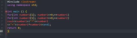 Toradh íomhá ar Nested Loops C++ Multiplication Table