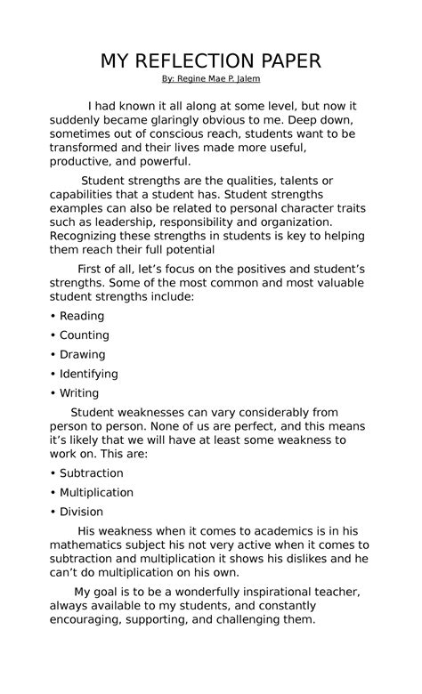 Image result for Reflection Paper Example College