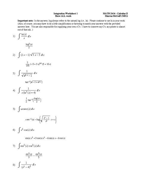 Integral Calculus Worksheets with Answer Key に対する画像結果
