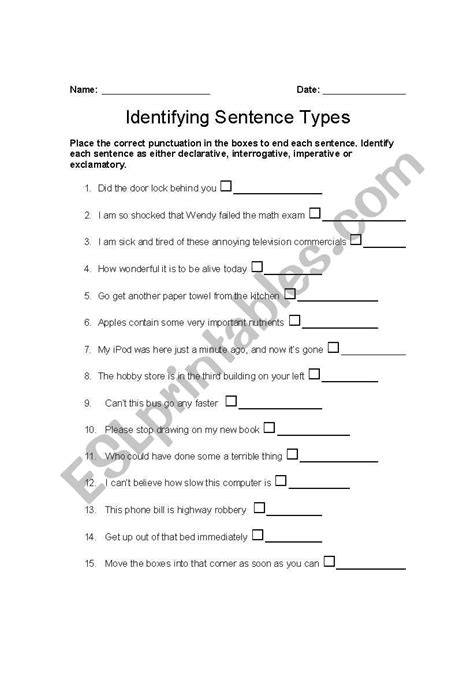 Image result for Identifying Sentence Types Worksheet