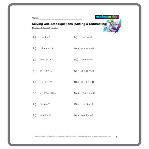 Image result for Solving One Step Equations Worksheet Adding Subtraction Print Outs PDF