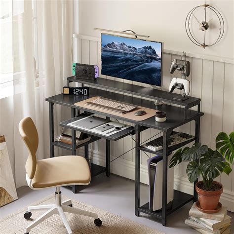47 Inch Computer Desk with Monitor Stand, Keyboard Tray & Storage ...