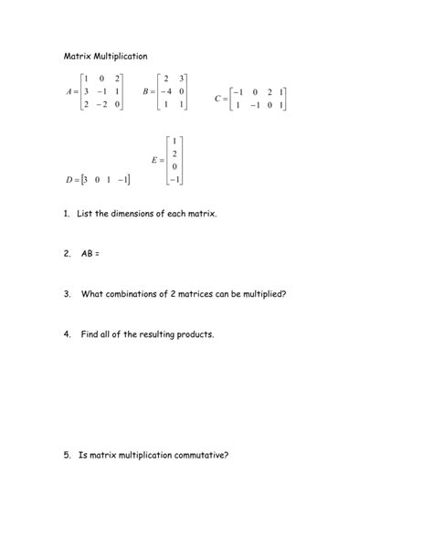 Image result for Matrices Multiplication Worksheet