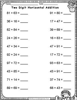 Toradh íomhá ar Double-Digit Addition Horizontal Worksheets