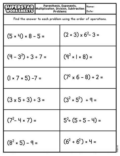Image result for Order of Operations Worksheet for Grade 6