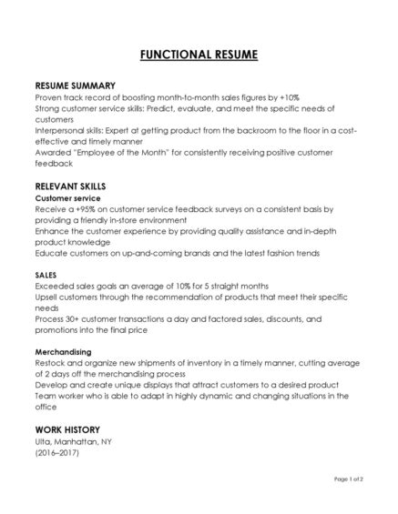 Image result for Functional Resume Format Examples