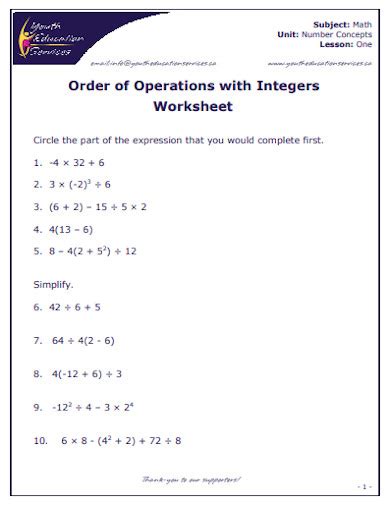 Image result for Integer Order of Operations Worksheet Answers