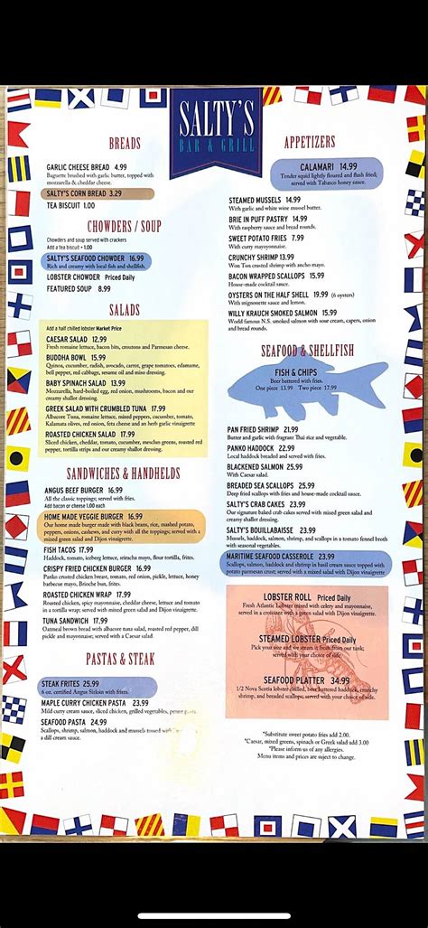 Menu at Salty's restaurant, Halifax