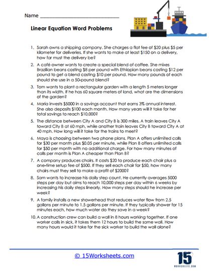 Image result for Linear Equations Word Problem Worksheet and Key