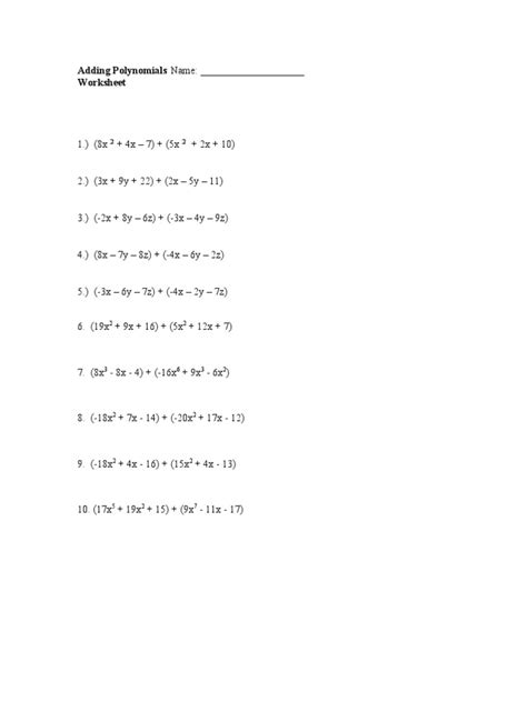 Image result for Addition of Polynomials Worksheet
