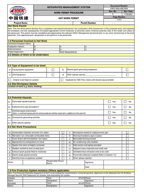 Hot Work Permit Form for Welding に対する画像結果