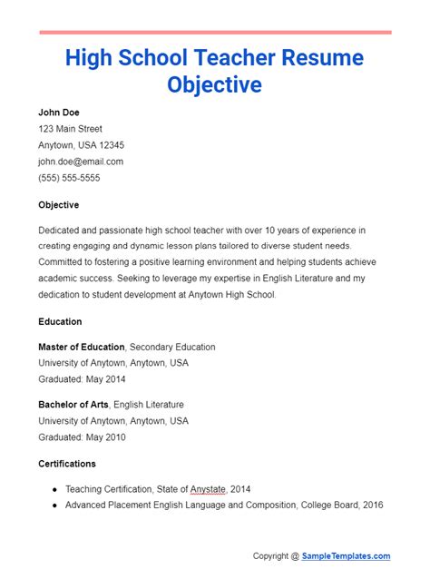 Image result for Teacher Resume Objective Statement Examples