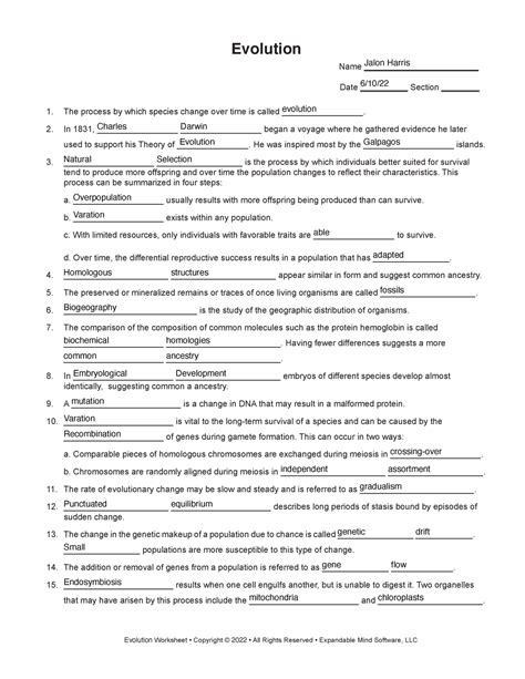 Image result for Evolution Worksheet with Answer Key