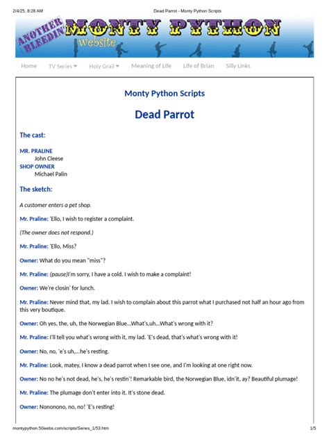 Monty Python Dead Parrot Script ପାଇଁ ପ୍ରତିଛବି ଫଳାଫଳ