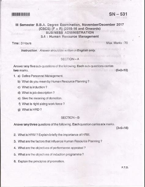 Toradh íomhá ar Question Paper BBA Human Resource Management