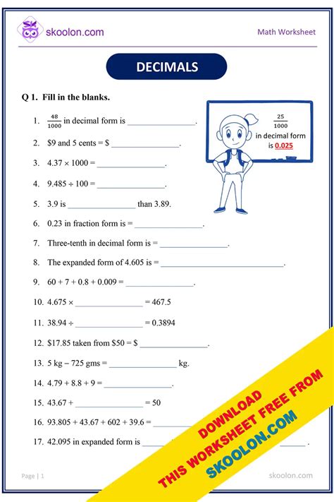 Decimals Worksheet-2 - skoolon.com - Worksheets Library
