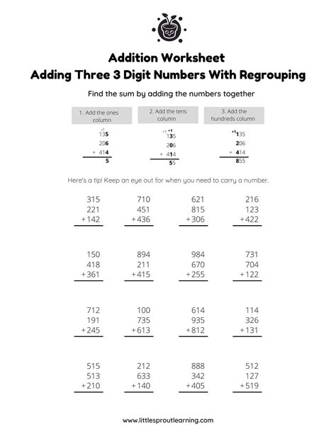 Image result for Four-Digit and Three Columns Addition Worksheet