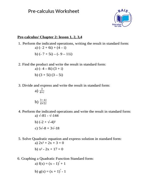 Image result for Pre Calculus Worksheet