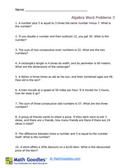 Toradh íomhá ar Algebraic Word Problems Worksheet