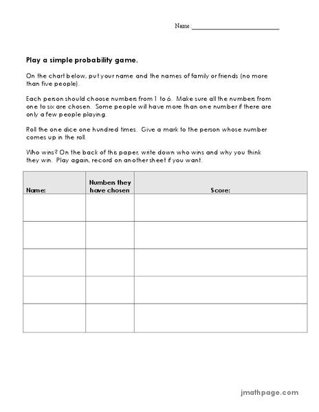 Toradh íomhá ar Data and Probability Game Worksheet