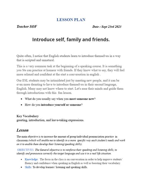 Image result for Self Introduction Lesson Plan