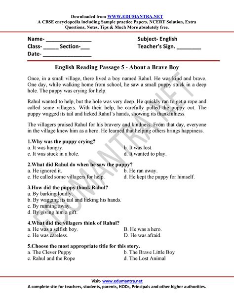 Comprihenson Passage for Class 6 に対する画像結果