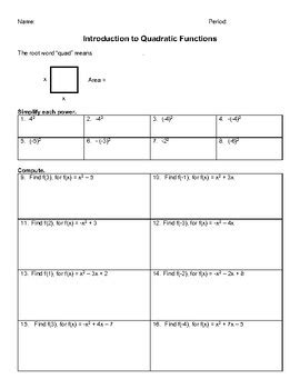 Toradh íomhá ar Introduction to Quadratic Functions Worksheet