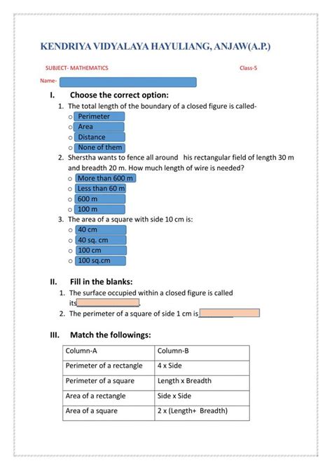 Image result for Area Perimeter Class 5 Working Model