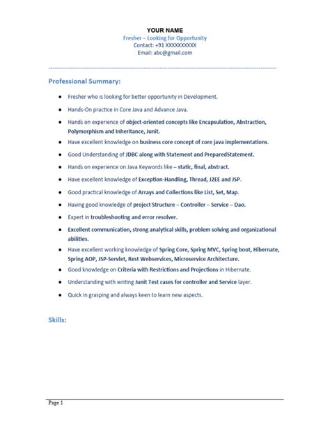 Image result for Core Java Resume for Freshers