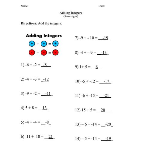 Image result for Adding Integers Worksheet and Answer Key Laws