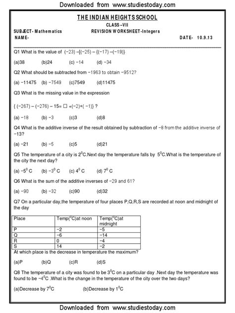 R Class 7 Maths Integers Worksheet に対する画像結果