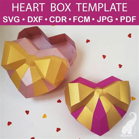 3d Papercraft Heart Gift Box Template, Low Poly Heart Shaped Box Svg ...