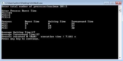 Toradh íomhá ar Fcfs Algorithm C++
