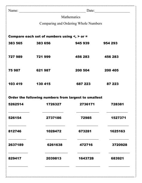 Toradh íomhá ar Compare and Order Whole Numbers Worksheet