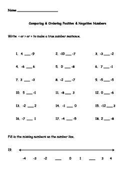 Toradh íomhá ar Ordering Negative Numbers Worksheet