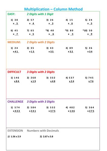 Afbeeldingsresultaten voor Multiplication Column Method Rulles