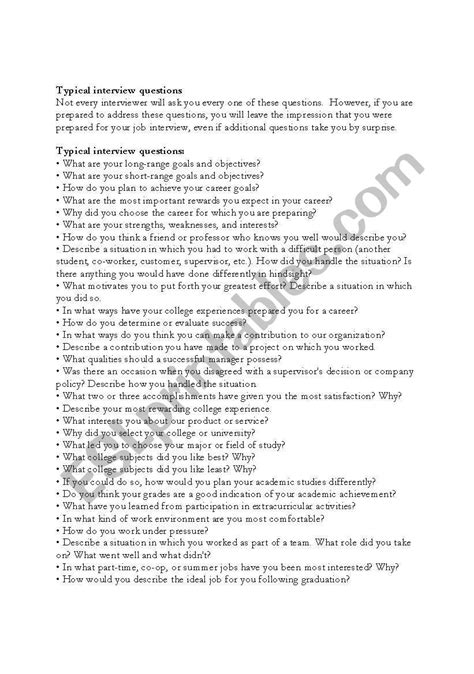 Image result for Common Interview Questions Worksheet