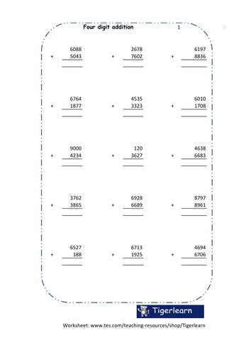 Image result for Four-Digit and Three Columns Addition Worksheet