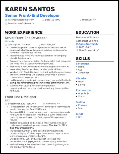 Image result for Front End Developer Resume Examples